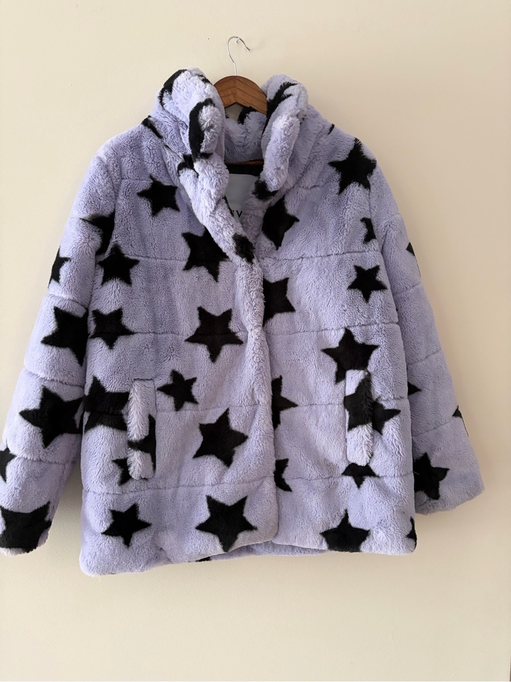 NVLT Lavender Faux-Fur Star Hooded Jacket with Black Stars